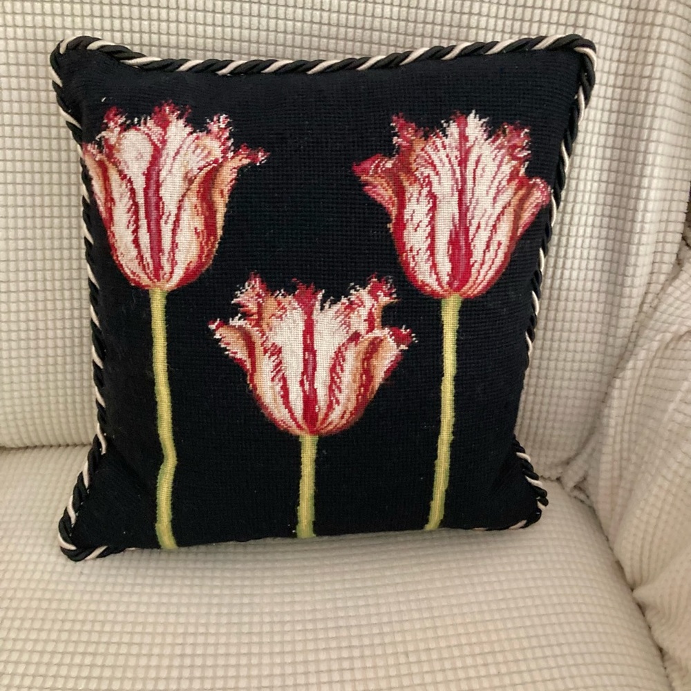 Needlepoint toss pillow, black velvet backing, zipper, great condition